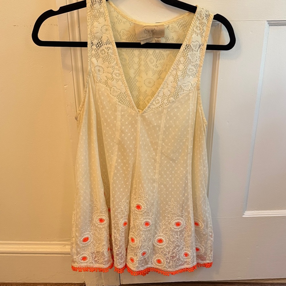 Anthropologie Cream and Orange Lace Tank Top